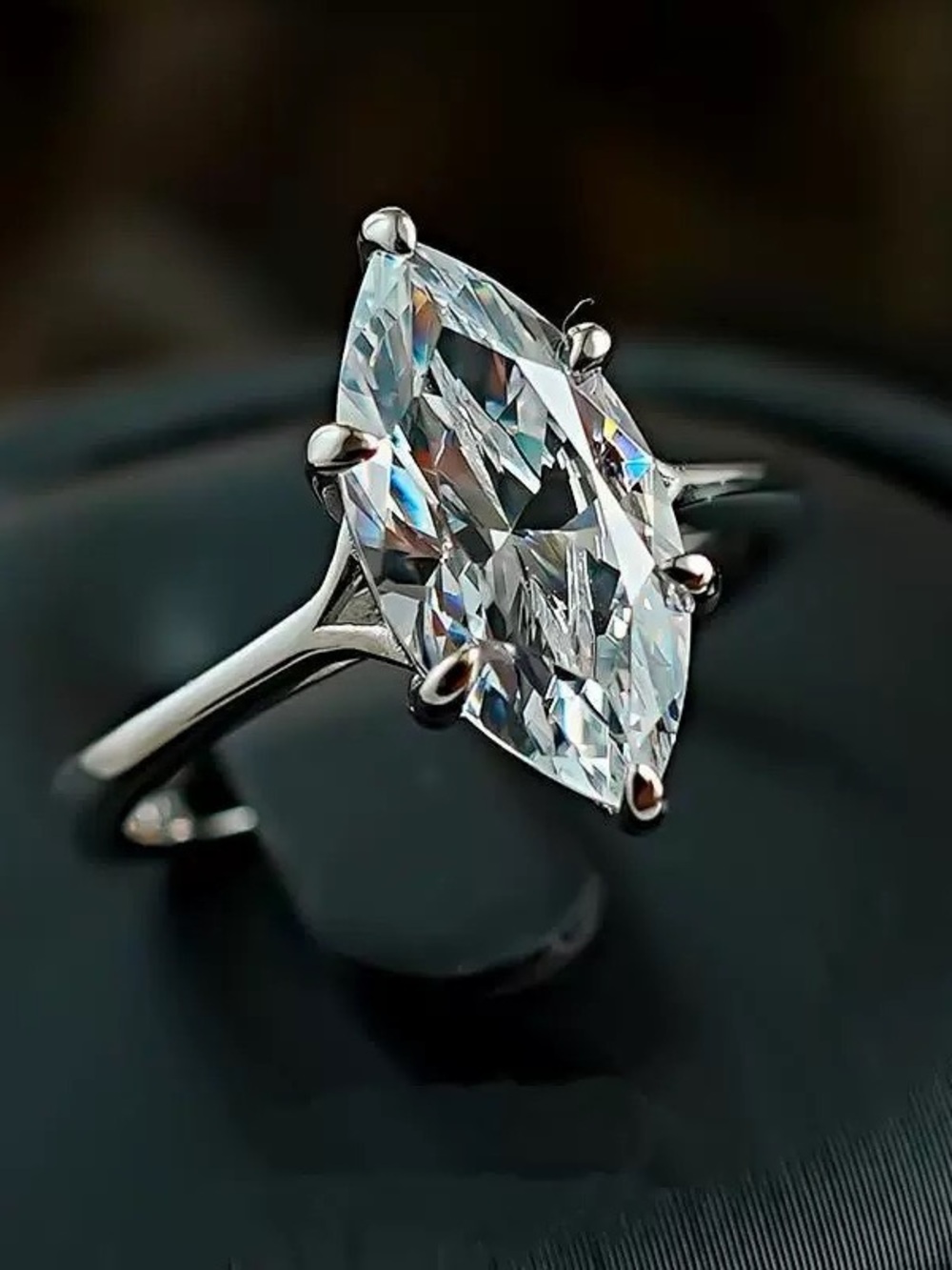 Marquise Cut Solitaire Ring in High Carbon Diamond Size 6 Silver
